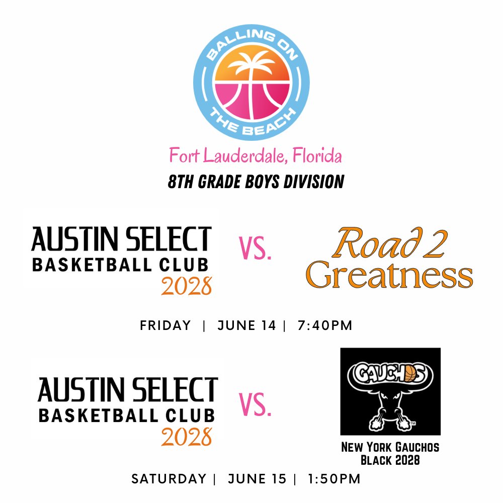 AustinSelect_'s tweet photo. Austin Select's team schedule in pool play at Balling on the Beach in Fort Lauderdale this upcoming weekend. There are 100 teams competing in the 2029 division, and 88 teams competing in the 2028 division. LFG!
#austinselect #basketball #ballislife #ballingonthebeach https://t.co/FttzJ0NjVH