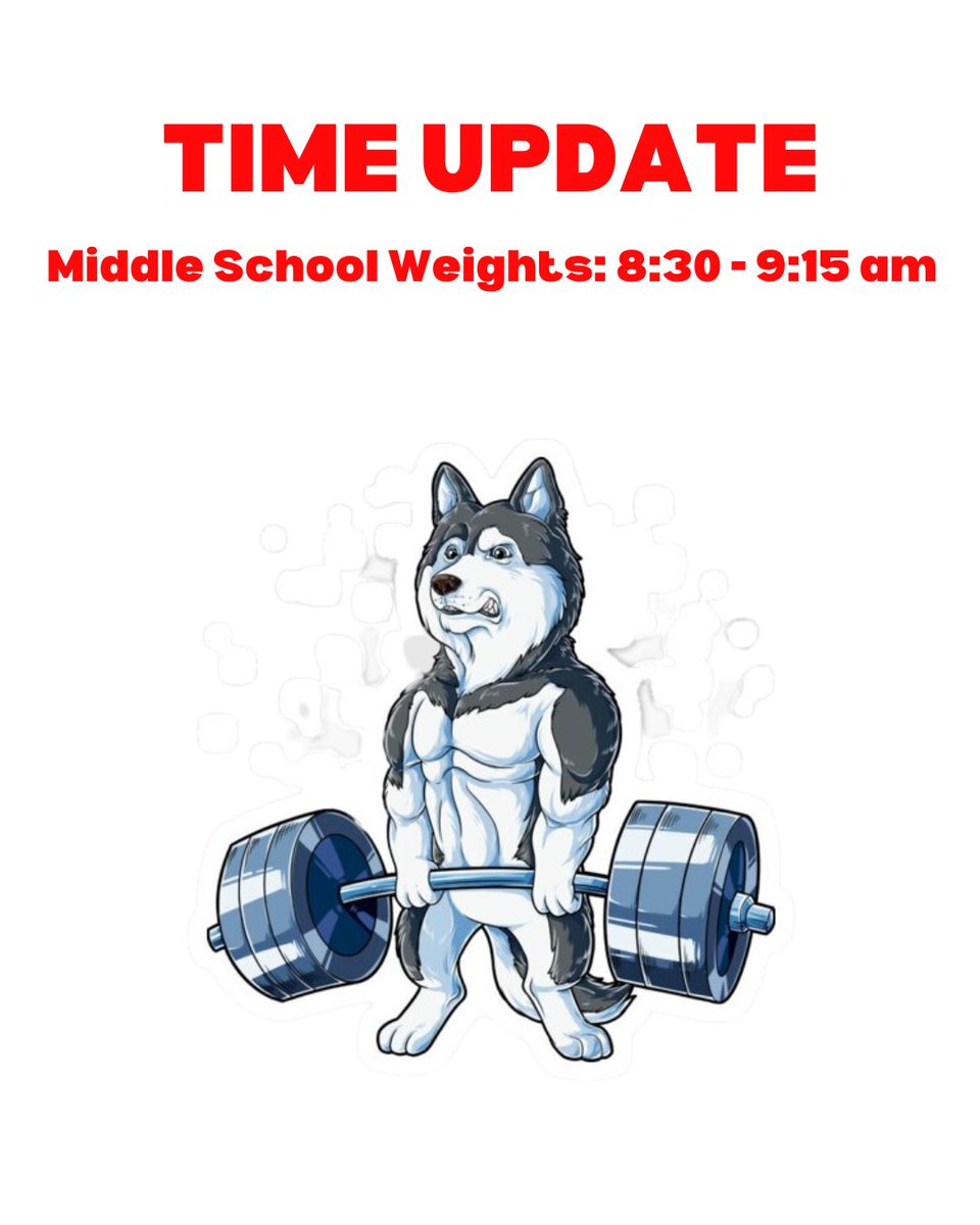 🚨 Time Change 🚨 

Middle School weights will be bumped up 30 minutes and run from 8:30-9:15 am Monday- Wednesday

Please pass along!