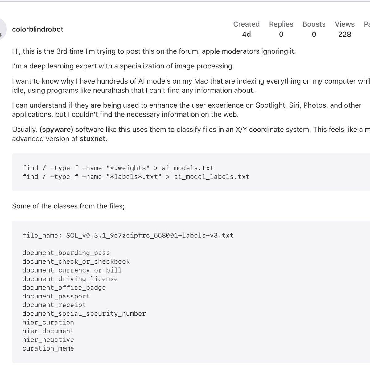 gssp_acc's tweet image. Apple appears to be using 100s of AI models to index user's social security numbers, passports, and driver's licenses, even while MacOS is idle
developer.apple.com/forums/thread/…