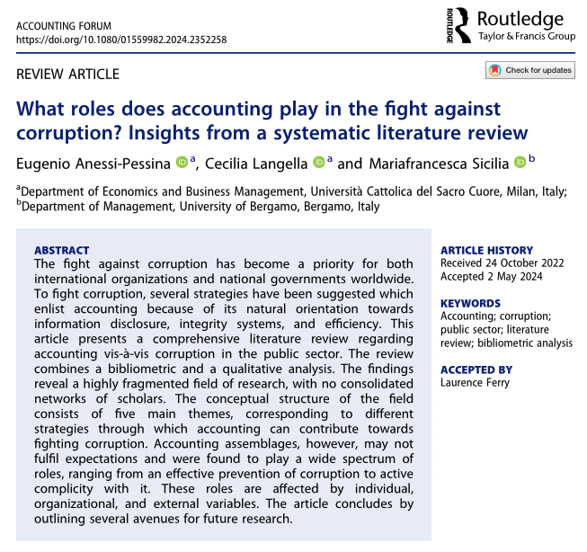 🗣Hot Off the Press in #AccForum: What roles does #accounting play in the fight against #corruption? Insights from a #systematic #literature #review by Eugenio Anessi-Pessina, Cecilia Langella &amp; Mariafrancesca Sicilia
<a href="/Unicatt_en/">Università Cattolica</a> <a href="/UniBergamo/">UniBg</a>
#bibliometric
tandfonline.com/doi/full/10.10…