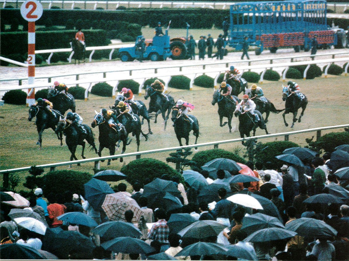傘の花が咲き乱れる昭和50年代の阪神競馬場。
