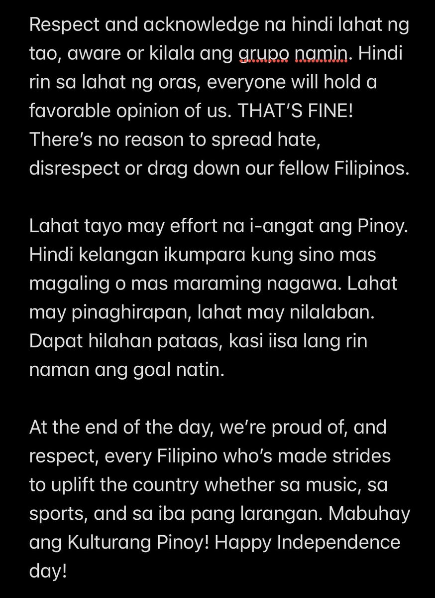 ‘NO REASON TO SPREAD HATE, DISRESPECT OR DRAG DOWN FELLOW FILIPINOS’

READ: SB19's Pablo has released a statement after Alas Pilipinas player Sisi Rondina's remark during a program in South Korea caused a feud between the P-pop group's fans, known as A'Tin, and Philippine
