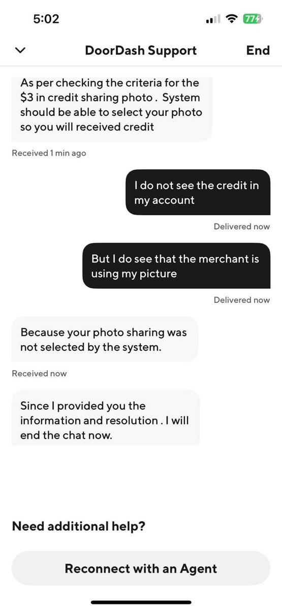 nevergoingdown's tweet photo. @DoorDash_Help the worst help ever. Didn’t even read my comment and proceeded to disconnect without resolving my issue. This happened twice. Once with Mannilyne Joy who refused to even understand the situation before disconnecting and second was Karen (screenshot) https://t.co/vctC9vC4tl