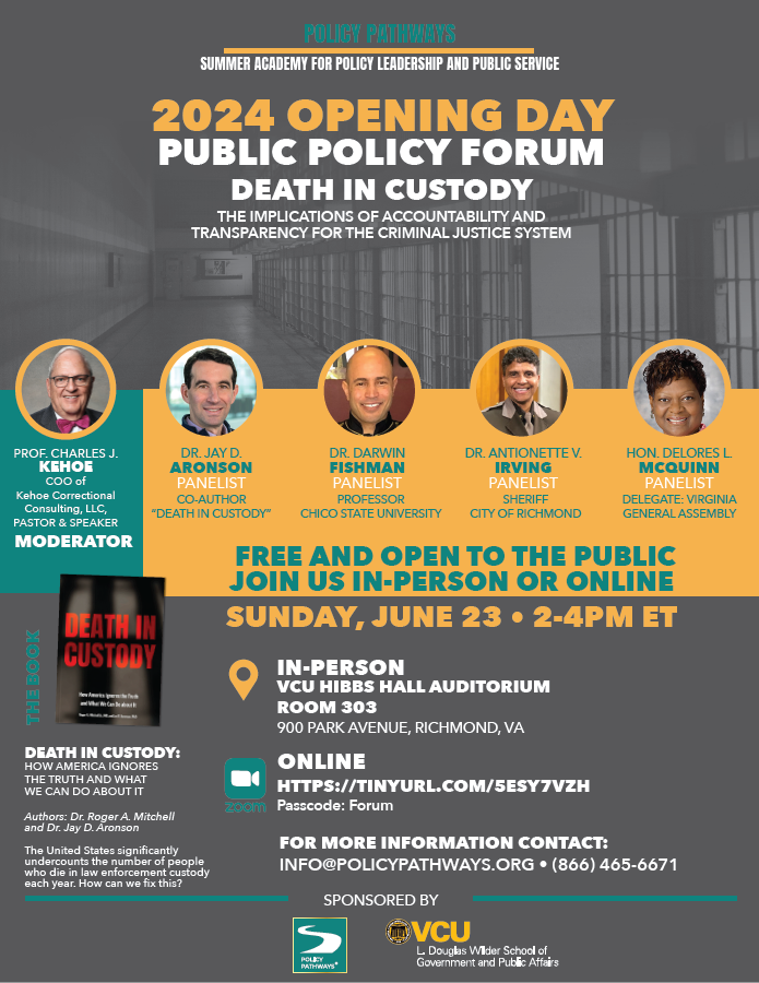 Join us in three days for the Summer Academy Opening Ceremony Public Policy Forum on Sunday, June 23, from 2:00 - 4:00 PM (EST)! The theme is: “Death In Custody: The Implications of Accountability and Transparency for The Criminal Justice System.” 

We hope to see you there!