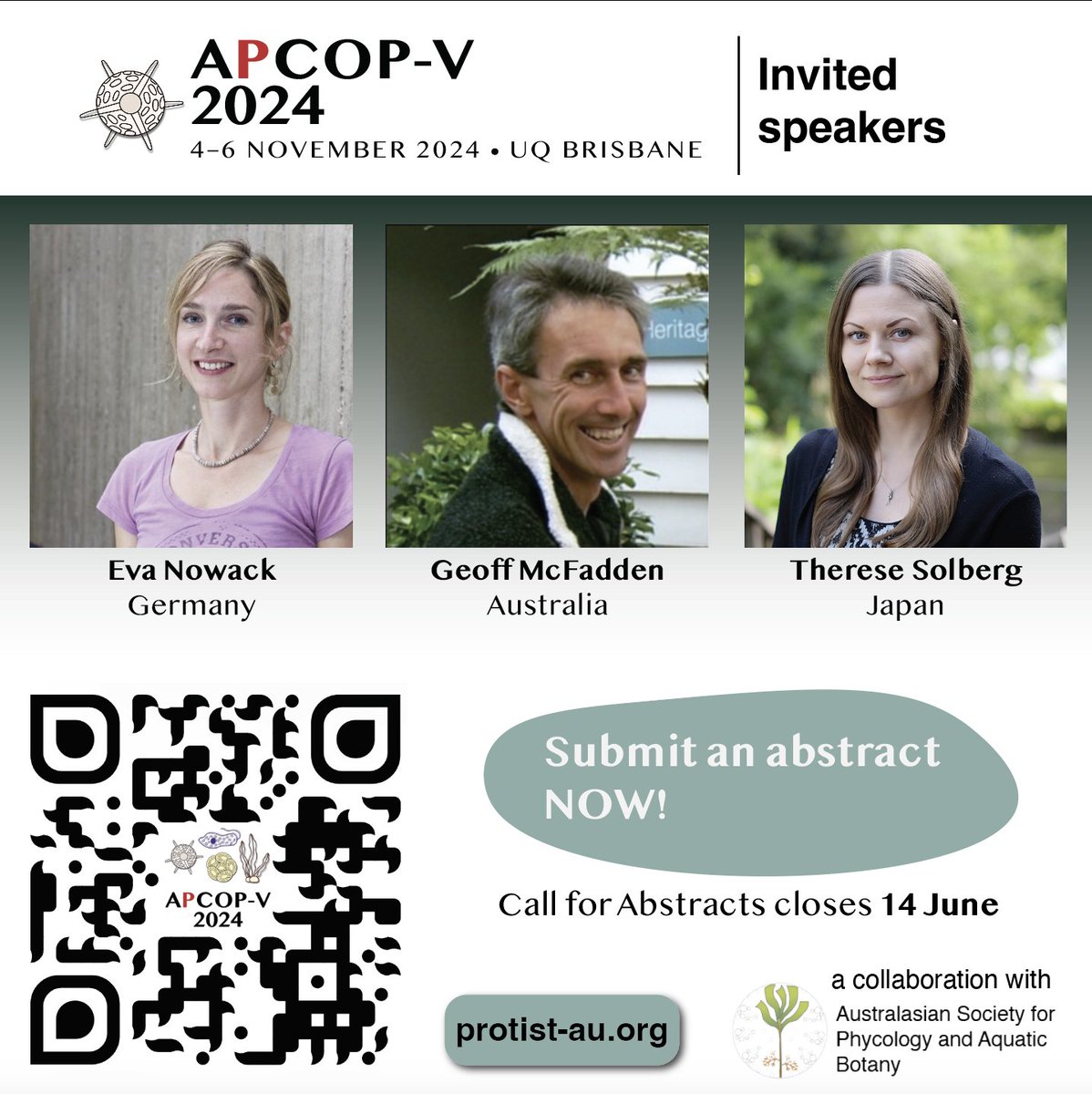 We're pleased to announce <a href="/eva_nowack/">EvaNowack</a> <a href="/McfaddenGeoff/">Geoff McFadden</a> &amp; Therese Solberg joining our speakers lineup #APCOPV2024! Join us in Brisbane for cutting-edge science in #protist #algae #aquaticbotany Abstract submissions due this Friday 14 June! Register now!
protist-au.org