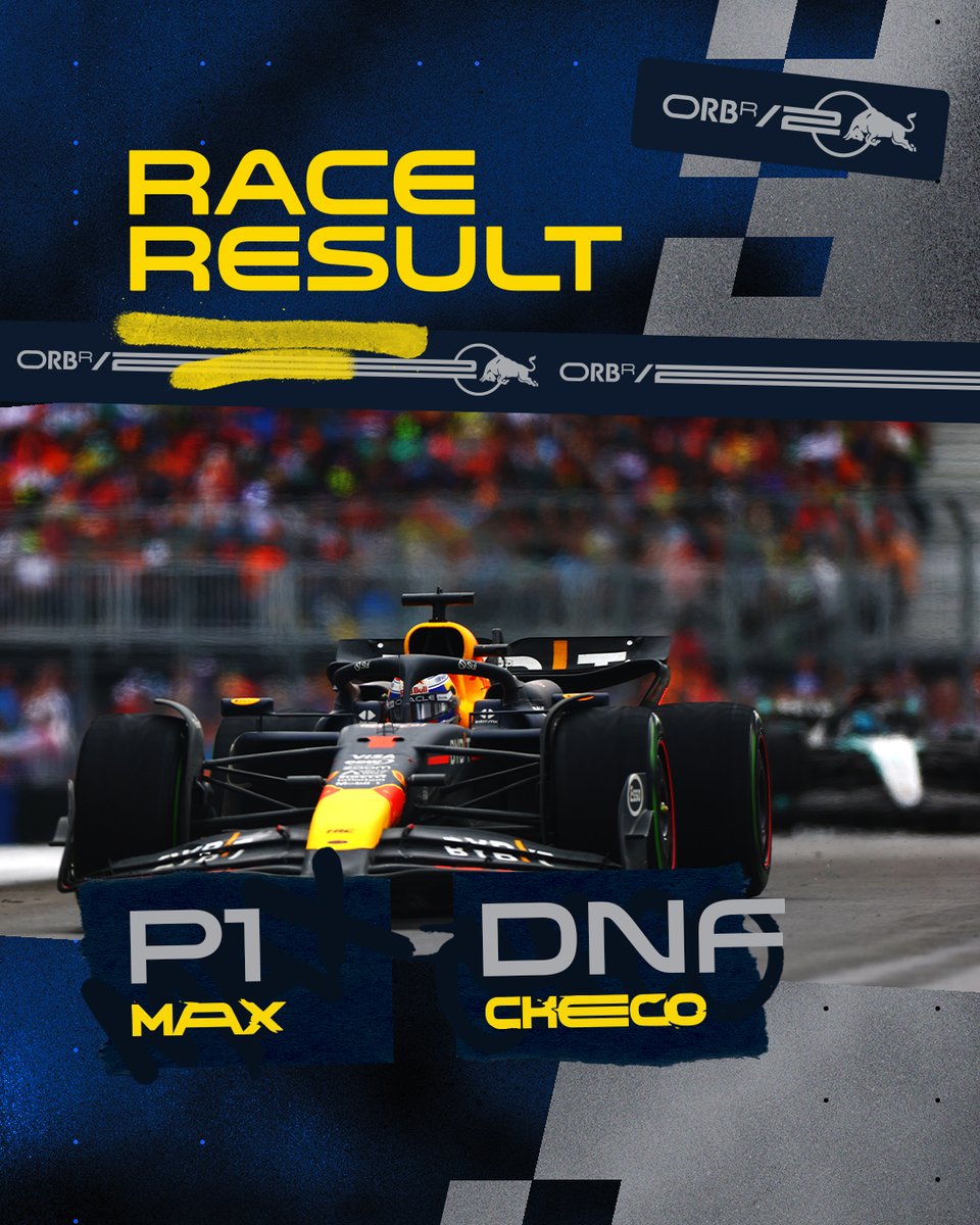 redbullracing's tweet photo. A hat-trick of wins in Montreal for Max! 💪 A Sunday to forget for Checo after retiring due to damage sustained in a crash on Lap 53.

Result 🏁 Max P1! 🏆, NOR, RUS, HAM, PIA, ALO, STR, RIC, GAS, OCO. Checo DNF 😣 https://t.co/sT4YWoQX1y