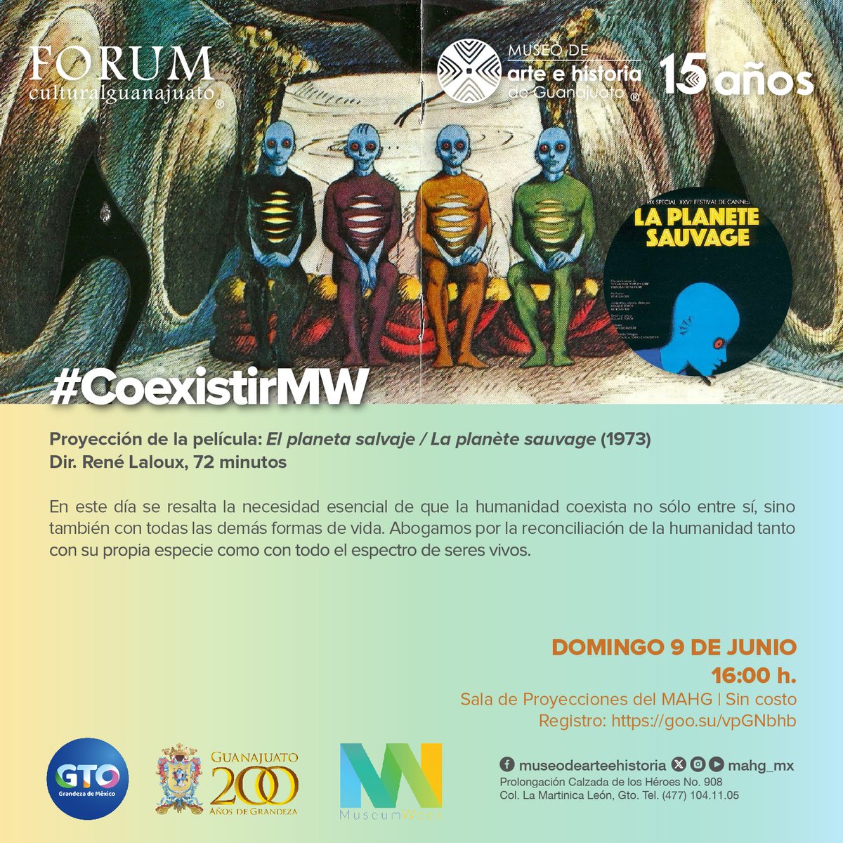 mahg_mx's tweet photo. 🏛️Hoy concluye el #MuseumWeek @MuseumWeek 🌿
Te esperamos en #CoexistirMW con la 🖥️Proyección: El planeta salvaje / La planète sauvage (1973) Dir. René Laloux
🕜16h
📲Registro: https://t.co/a4FqEzSA7I
🆓Sin costo https://t.co/9KQl3hxyad