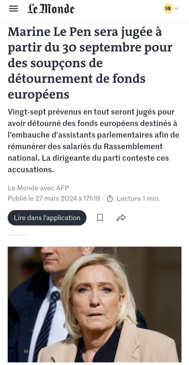 Rappel : dès le 30 septembre 2024, Marine Le Pen sera jugée devant le tribunal de Paris pour détournement de fonds publics européens aux côtés d'autres personnalités. 
Le Parlement européen, partie civile, a évalué le préjudice à 6,8 millions d’euros.
lemonde.fr/politique/arti…