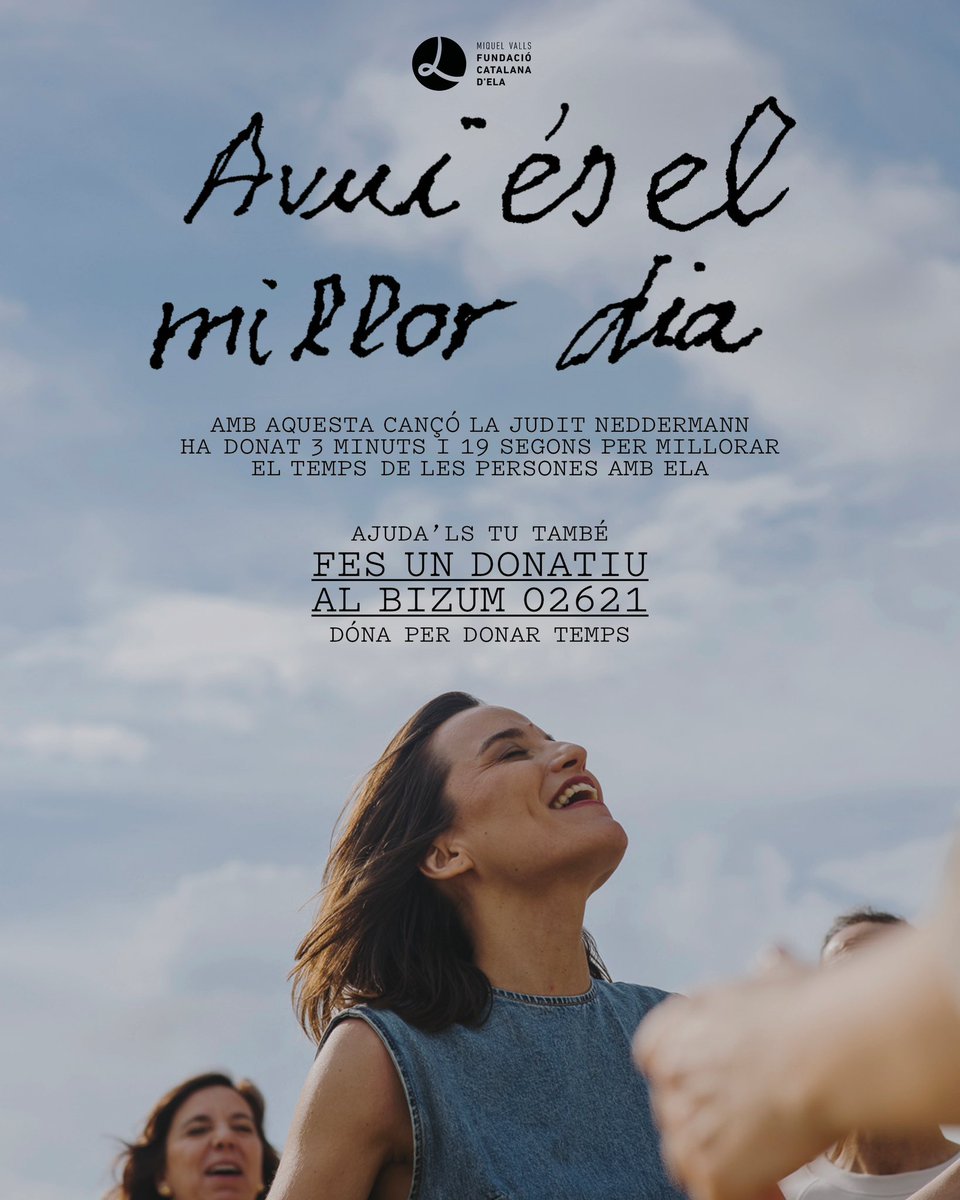 Dalmaus (@dalmaus) on Twitter photo Amb la cançó “Avui és el millor dia” la <a href="/juditneddermann/">Judit Neddermann</a> ha donat 3 minuts i 19 segons per millorar el temps de les persones amb ELA i les seves famílies.
Ajuda’ls tu també.
Dóna per donar temps al BIZUM 02621
<a href="/fmiquelvalls/">Fundació Catalana d'ELA Miquel Valls</a> Amb la cançó “Avui és el millor dia” la <a href="/juditneddermann/">Judit Neddermann</a> ha donat 3 minuts i 19 segons per millorar el temps de les persones amb ELA i les seves famílies.
Ajuda’ls tu també.
Dóna per donar temps al BIZUM 02621
<a href="/fmiquelvalls/">Fundació Catalana d'ELA Miquel Valls</a>
