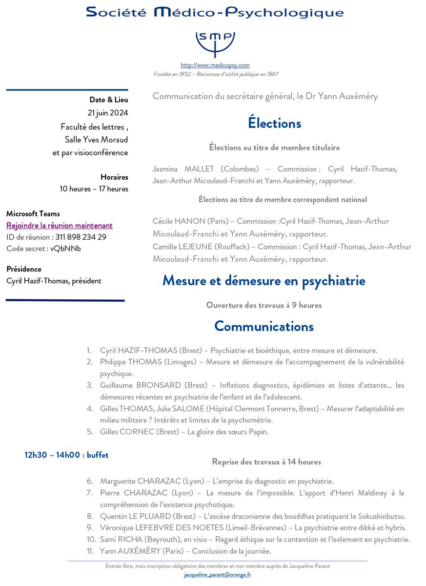 Mesure et démesure en #psychiatrie; ce sera le titre de notre prochaine journée de communications. Rdv à #Brest et en visio le 21 juin! #smp #amp