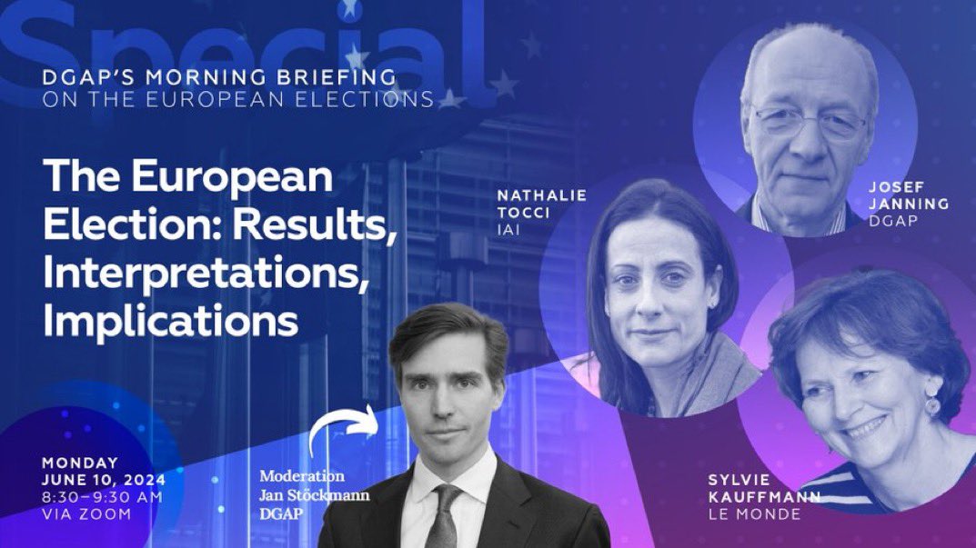 DGAP (@dgapev) on Twitter photo Join tomorrow’s special #MorningBriefing at 8:30 with <a href="/SylvieKauffmann/">Sylvie Kauffmann</a>, <a href="/NathalieTocci/">Nathalie Tocci</a> & <a href="/JJ52/">Josef Janning</a> as they discuss the #EU2024 results and the implications, including Macron's call for snap elections for the National Assembly on June 30 & July 7. RSVP via Zoom dgap-org.zoom.us/meeting/regist… Join tomorrow’s special #MorningBriefing at 8:30 with <a href="/SylvieKauffmann/">Sylvie Kauffmann</a>, <a href="/NathalieTocci/">Nathalie Tocci</a> & <a href="/JJ52/">Josef Janning</a> as they discuss the #EU2024 results and the implications, including Macron's call for snap elections for the National Assembly on June 30 & July 7. RSVP via Zoom dgap-org.zoom.us/meeting/regist…