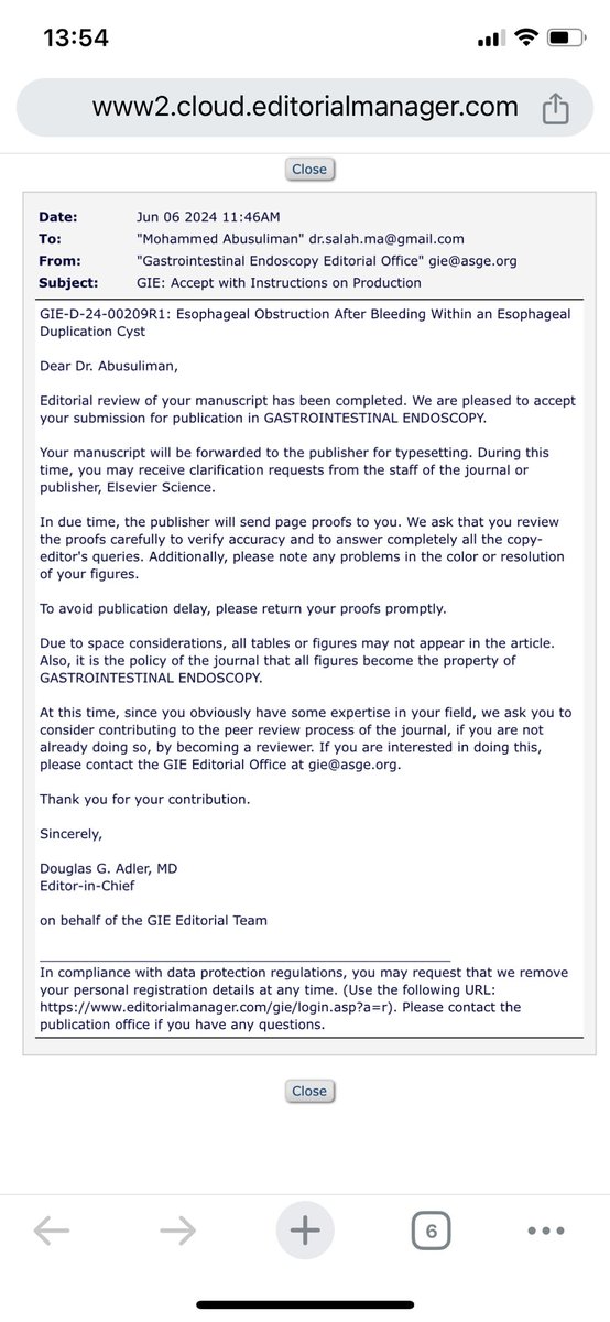 MSAbusuliman's tweet photo. A milestone unlocked:
Publication alert 🚨: Two same-day accepted articles in the prestigious journal "Gastrointestinal Endoscopy (GIE)" @giejournal, biggest Endoscopy journal in the world, on management of Bleeding Esophageal Cysts and Duodenal Heterotopic Panceatic Tissue. https://t.co/AmRoD7mFeg
