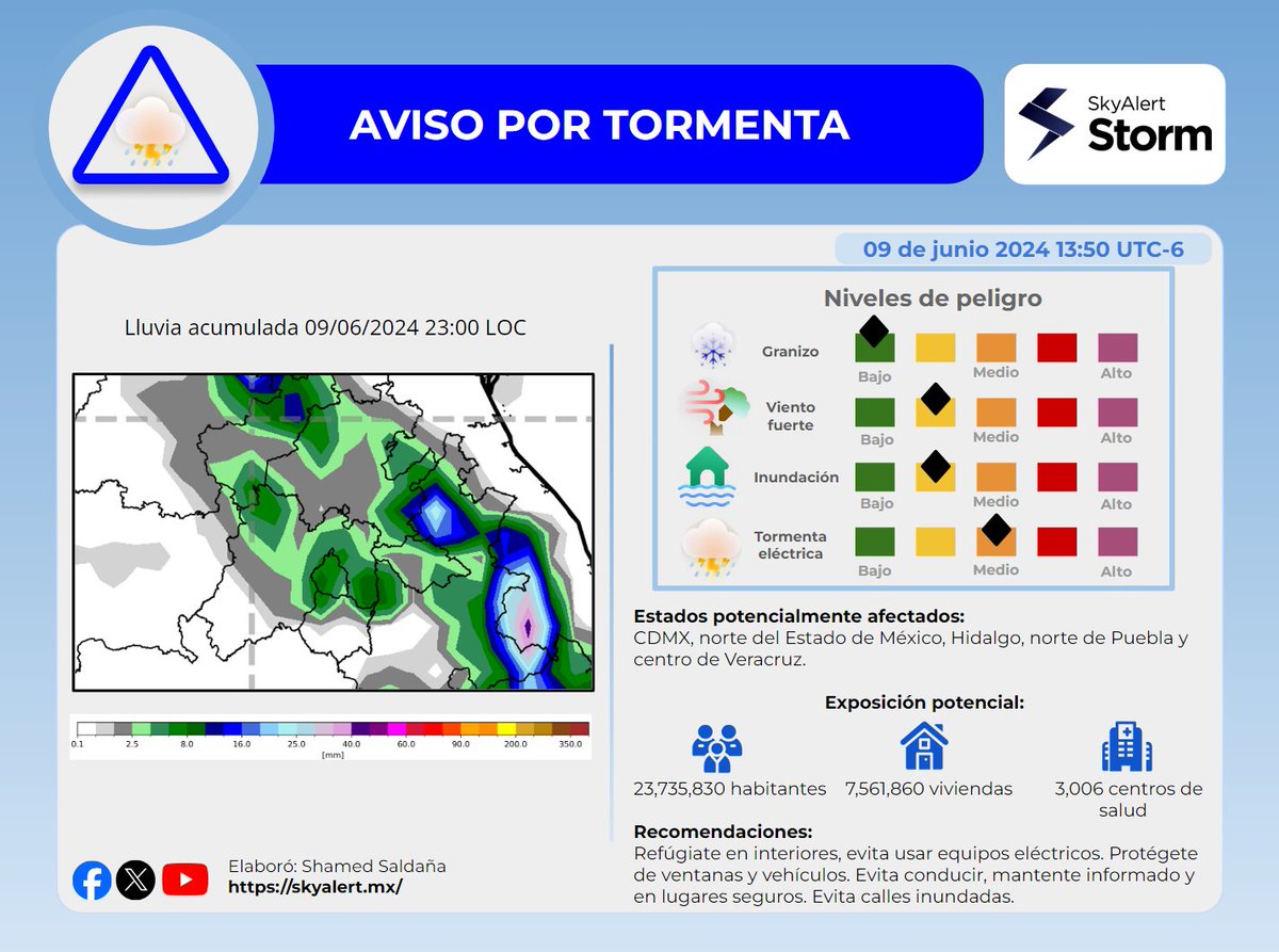 SkyAlertStorm's tweet photo. ���️🔵⚠️AVISO por #tormentasevera en #CDMX, norte del #EdoMéx, #HIdalgo, norte de #Puebla y centro de #Veracruz:

Se pronostican, entre las 13 y 19 horas (local), la presencia de #lluvias fuertes que pueden generar inundaciones y presencia de actividad eléctrica. Toma precauciones.