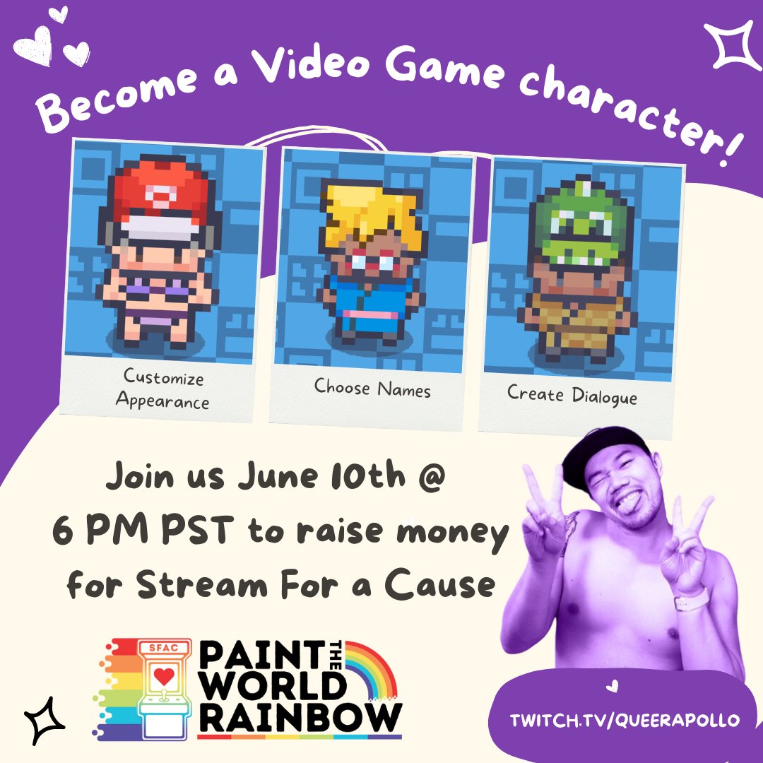 queerapollo's tweet image. Super excited to create a community-based farming sim... with donor-made NPCs you can ROMANCE! We begin tomorrow at 6pm Pacific Time &amp;lt;3 
All donations go to @Streamcause for their Paint the World Rainbow event!  #twitch #IndieGameDev #twitchstreamer #SmallStreamerCommunity