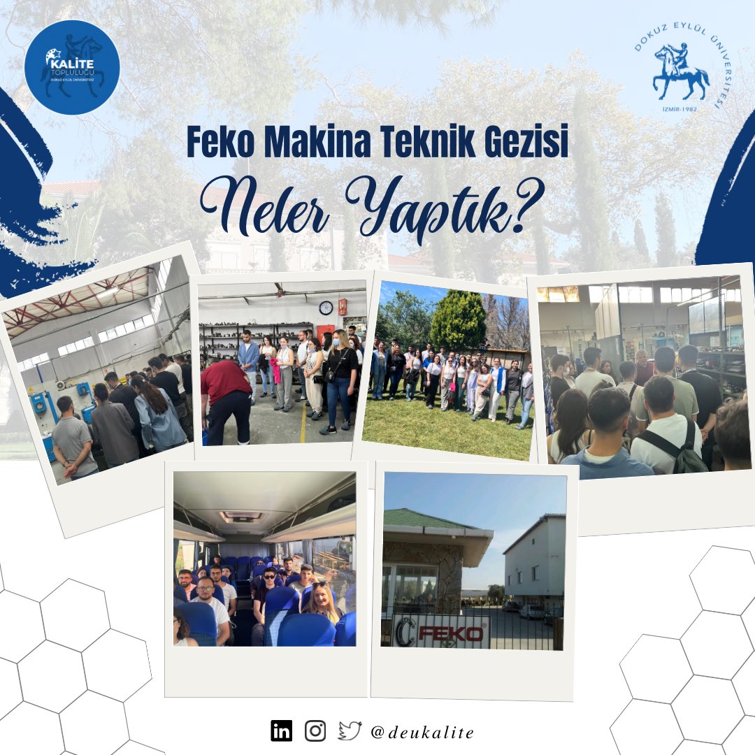 Dokuz Eylül Üniversitesi Kalite Topluluğu olarak 27 Mayıs Pazartesi günü, Feko Makine Şirketi’ni ziyaret ettik.

Değerli deneyim ve tecrübelerini bizimle paylaştıkları için kendilerine çok teşekkür ediyoruz. 💙🙏🏻

#universitemdeu #kaliteelcisi #teknikgezi