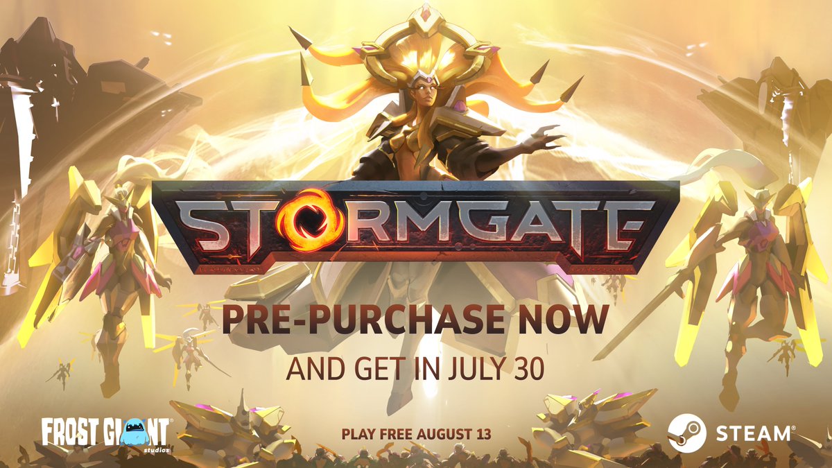 PlayStormgate's tweet photo. We've just revealed Stormgate's third faction, the Celestial Armada! 😇

Missed the trailer? No worries, it's on our YouTube channel!
https://t.co/MsghPqXv7A 

Free-to-play August 13
Support the devs and get in July 30! https://t.co/TL7dnKGfwC