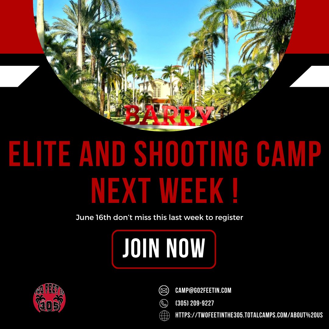 Two Feet In the 305 (@twofeetinthe305) on Twitter photo Our first camps start Next Sunday! You can still register this week!
#shootingcamp #elitecamp #BasketballCamp2024 #miamilife Our first camps start Next Sunday! You can still register this week!
#shootingcamp #elitecamp #BasketballCamp2024 #miamilife