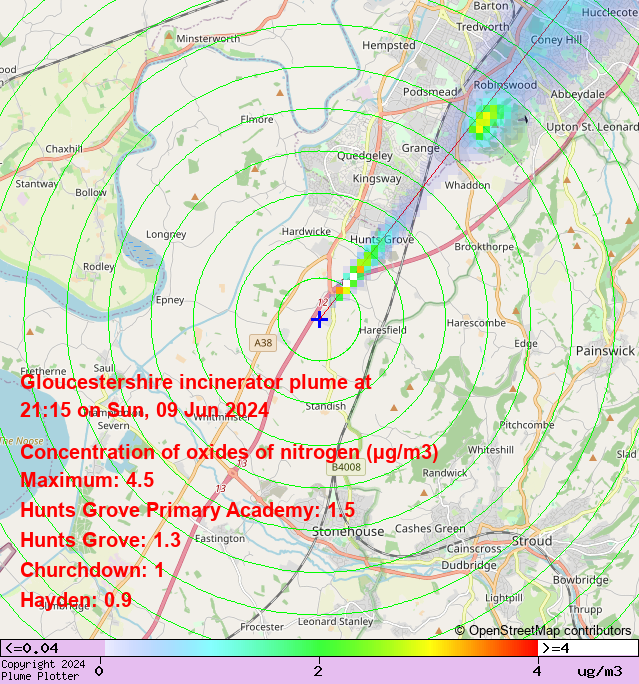 plumeplotter's tweet photo. Latest Gloucestershire incinerator plume plot, 21:15 09/06/24 #HuntsGrove #Churchdown #Hayden https://t.co/mtbEc3uClI https://t.co/yFg5XvhNwE