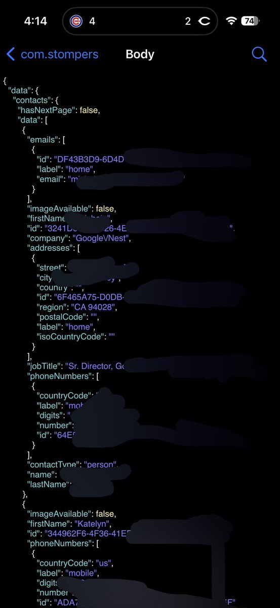 ejohnson99's tweet photo. Hey @soren_iverson loving stompers but can I ask why ALL contact data is being sent to the server? Why not only pull phone numbers versus the addresses, etc on device? Would save bandwidth not to mention the privacy aspect. https://t.co/ldXfv6WgtW