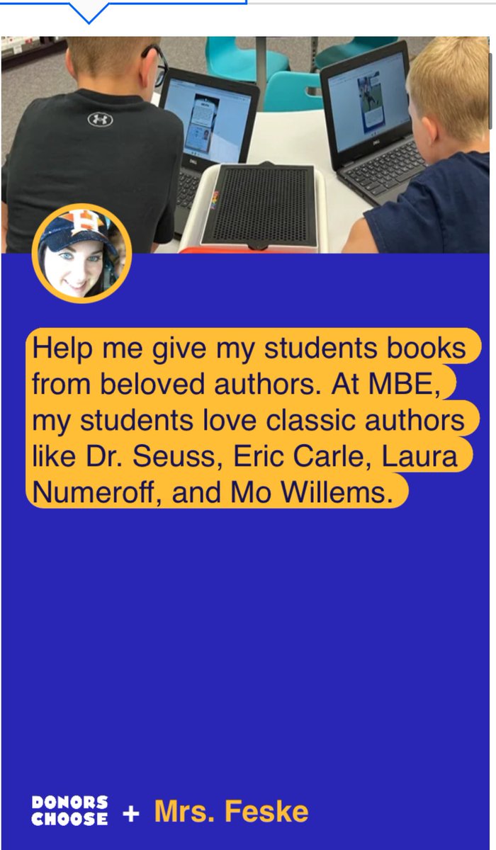 Help me give my students books from beloved authors. At MBE, my students love classic authors like Dr. Seuss, Eric Carle, Laura Numeroff, and Mo Willems. donorschoose.org/project/enrich…