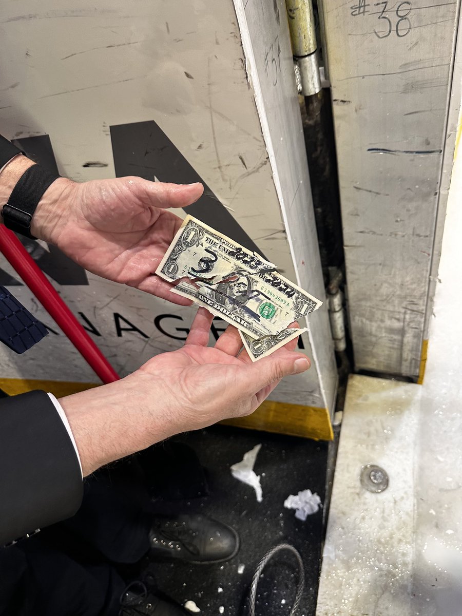 jaron_may's tweet photo. How cool is this!?!

Before the season began, the Everblades ice crew buried a one dollar bill with “3 PEAT” written on it under the ice at @HertzArena_. Last night after the @FL_Everblades won their third straight Kelly Cup, they dug up the dollar the Blades skated over all season long.