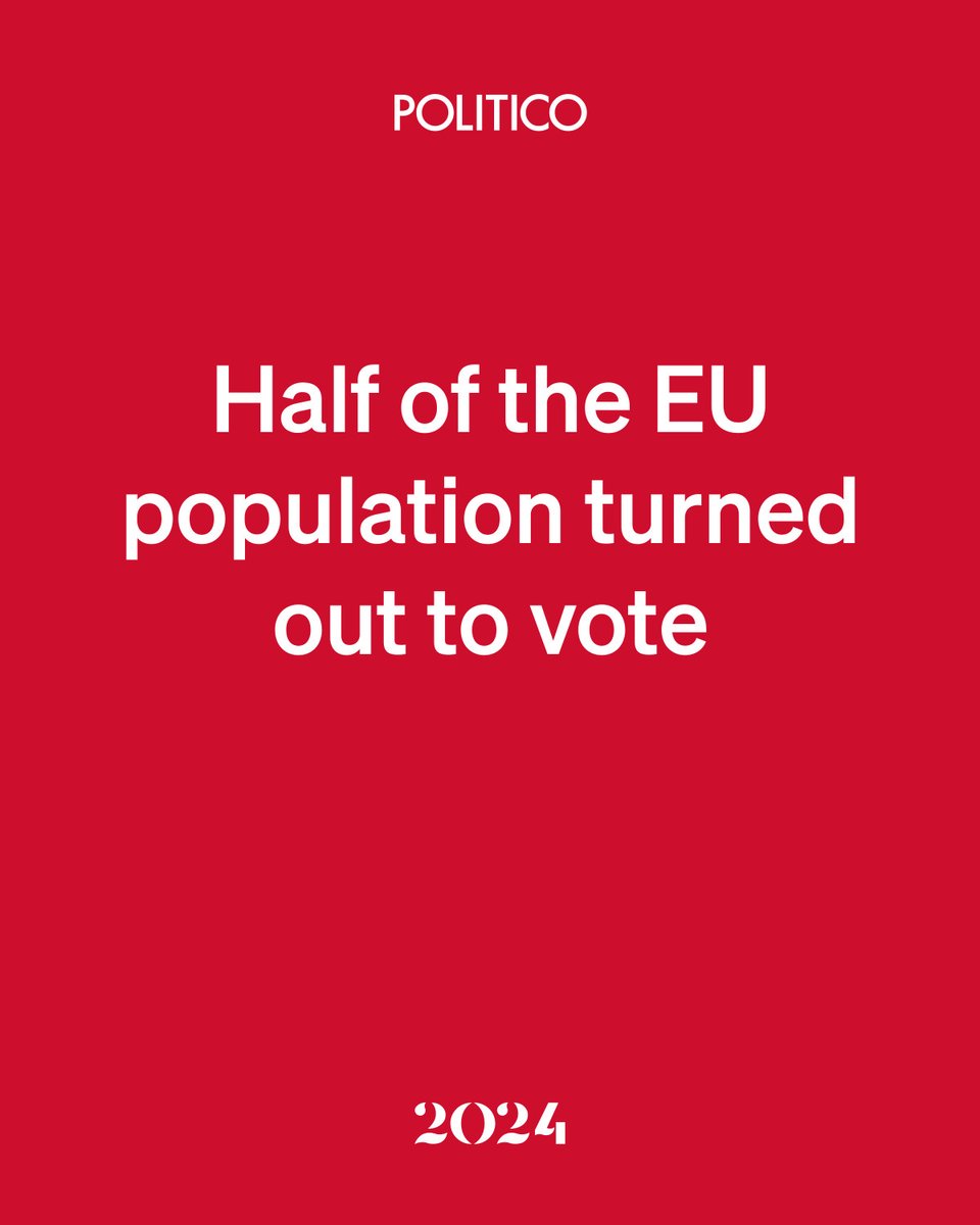 POLITICOEurope's tweet image. Just over half (51%) of eligible voters turned out to vote in the European election this year, a spokesperson for the European Parliament announced.

#EUelections2024

Follow along with our live blog for more updates: trib.al/f0FgrvQ