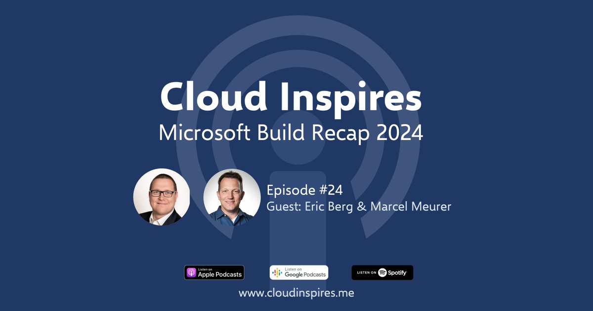 CloudInspires (@cloudinspires) on Twitter photo Es ist wieder Zeit für eine neue #GeekInspires Folge 😀 Gemeinsam mit <a href="/ericberg_de/">Eric Berg - MVP</a> und <a href="/MarcelMeurer/">Marcel Meurer (MVP) 🌤</a> sprechen wir in dieser Folge über die Neuigkeiten der #MSBuild 2024.
Gleich reinhören und gerne Feedback da lassen.
#CloudInspires #Podcast #Azure
podcasters.spotify.com/pod/show/cloud… Es ist wieder Zeit für eine neue #GeekInspires Folge 😀 Gemeinsam mit <a href="/ericberg_de/">Eric Berg - MVP</a> und <a href="/MarcelMeurer/">Marcel Meurer (MVP) 🌤</a> sprechen wir in dieser Folge über die Neuigkeiten der #MSBuild 2024.
Gleich reinhören und gerne Feedback da lassen.
#CloudInspires #Podcast #Azure
podcasters.spotify.com/pod/show/cloud…