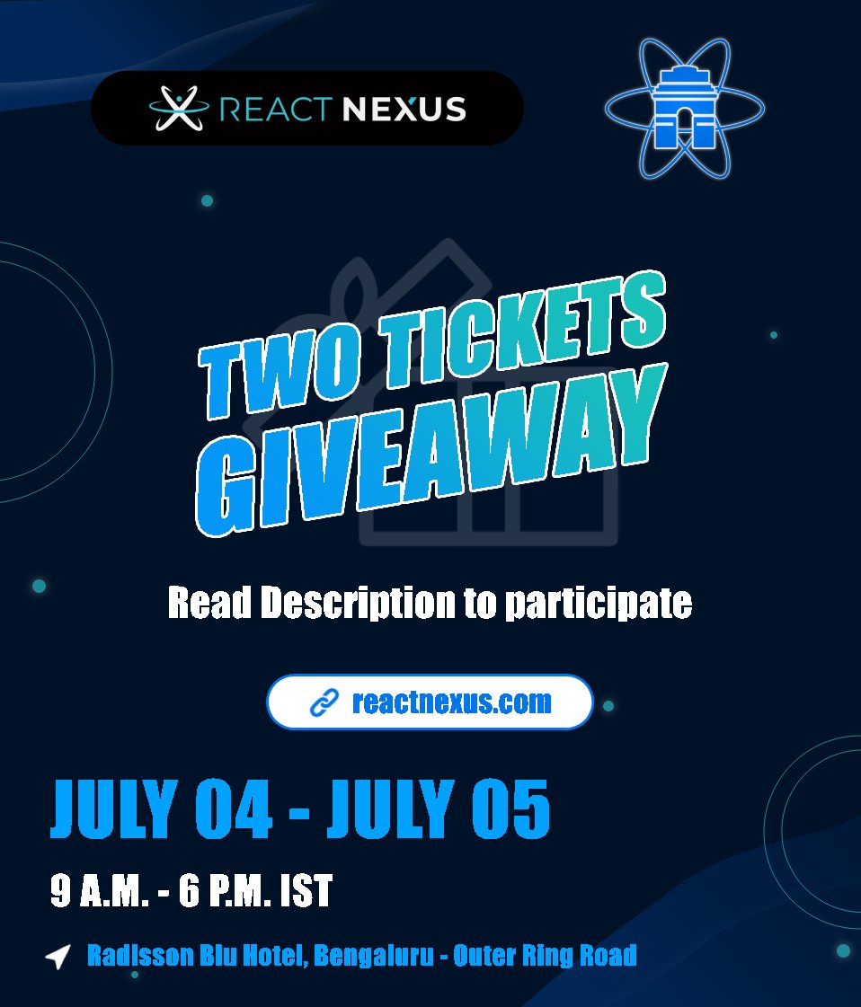 reactdelhi's tweet image. 🚀 React Nexus Conf Ticket Giveaway!
Grab your chance to win 2 tickets worth ₹10k each! 🎉
To enter:
1️⃣ Follow @reactdelhi and @ReactNexus
2️⃣ Like and repost this tweet
3️⃣ Tag 2 React enthusiasts!
We'll pick one winner from X and one from LinkedIn!
#ReactDelhi #ReactNexus