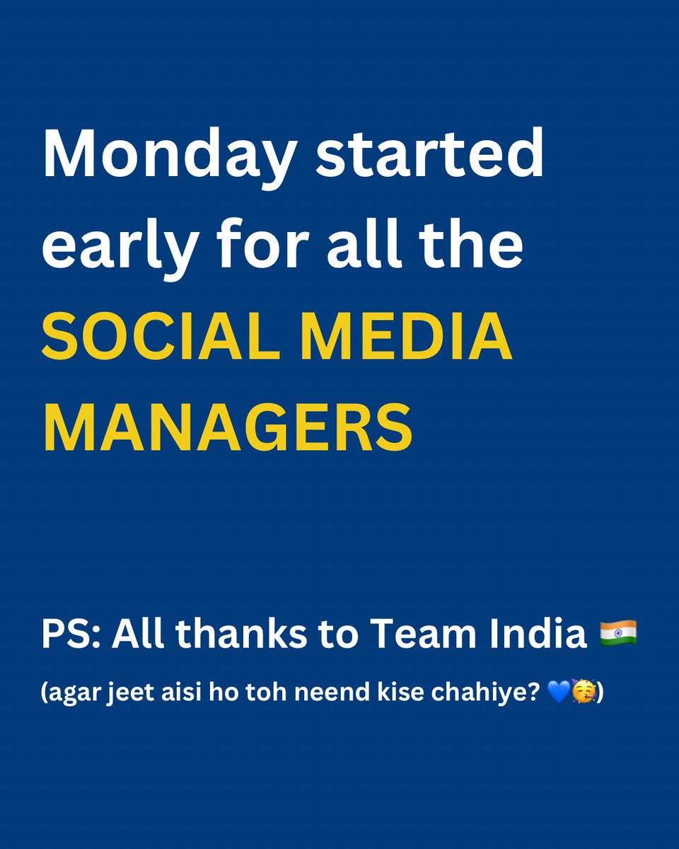 Social_dp_'s tweet photo. Well, 'Team Blue' saved us all from the 'Monday Blues' and we can't thank them enough 💙💙💙 

Toh khushi khushi mai kaam bhi karlenge! 😌

#INDvsPAK #t20USA #Bumrah #TeamIndia #MumbaiRains #SocialMediaManagers @BCCI https://t.co/XtGRXsXMlJ