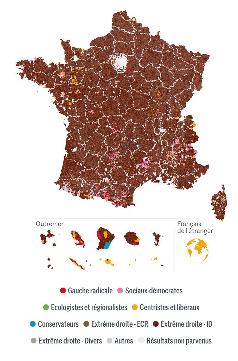 The state of France this evening

This shows the party that came top in voting for the European Parliament on June 9 in every commune in France. Brown represents the far right