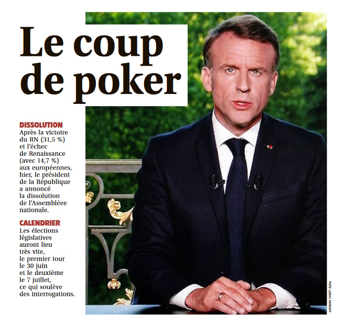 La une des titres du groupe <a href="/CentreFrance/">Groupe Centre France</a>, ce lundi 10 juin, après le séisme provoqué par l'annonce par Emmanuel Macron de la dissolution de l'Assemblée nationale.