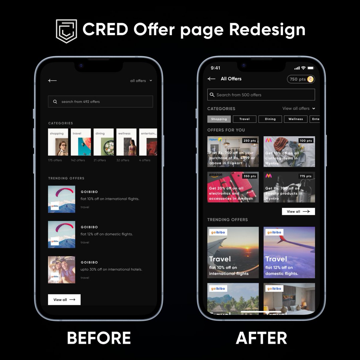 SonaDas2001's tweet image. 🚀✨ Excited to unveil our redesigned CRED Offer page, crafted during the UXHack weekend hackathon! 🎉 Enjoy a sleeker, more intuitive interface with personalized offers and enhanced categories.

#CRED #UXHack #Redesign #UserExperience
