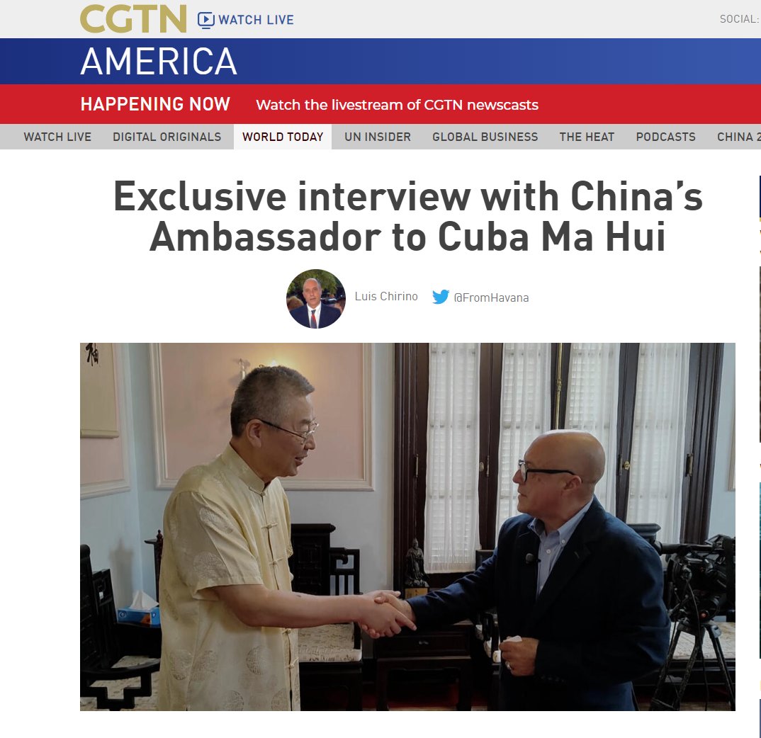 6月8日，中国国际电视台（CGTN America）播出了对我的专访。我表示，驻古巴三年，我印象最深刻的是 两国人民之间深厚的兄弟情谊。疫情期间，中方紧急驰援，帮助古巴人民抗击疫情。即将离任时，中古关系 利好消息不断：中古恢复直航、古巴对持普通护照中国公民短期来古免签证。