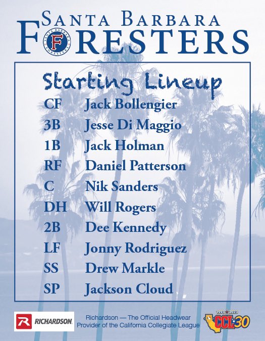 SB Foresters (@sbforesters) on Twitter photo It’s Gameday! ‘Sters Home Opener! ⚾️
📆 Saturday, June 9
⏰ 2pm
🆚 <a href="/vcountypirates/">Ventura County Pirates</a>
🏟️ Eddie Mathews Field
<a href="/Daniel_P_27/">Daniel Patterson</a> <a href="/DrewMarkle4/">Drew Markle</a> <a href="/JonathanRod2004/">Jonathan Rodriguez</a> <a href="/JesseDiMaggio5/">Jesse Di Maggio</a> <a href="/juanadrian_rom/">jack bollengier</a> <a href="/KadenPetersen8/">Kaden Petersen</a> <a href="/kennedee27/">Dondreone (D) Kennedy</a> <a href="/JackHolman_7/">Jack Holman</a> <a href="/willrogers219/">Will Rogers</a> <a href="/niksanders7/">Nik</a> It’s Gameday! ‘Sters Home Opener! ⚾️
📆 Saturday, June 9
⏰ 2pm
🆚 <a href="/vcountypirates/">Ventura County Pirates</a>
🏟️ Eddie Mathews Field
<a href="/Daniel_P_27/">Daniel Patterson</a> <a href="/DrewMarkle4/">Drew Markle</a> <a href="/JonathanRod2004/">Jonathan Rodriguez</a> <a href="/JesseDiMaggio5/">Jesse Di Maggio</a> <a href="/juanadrian_rom/">jack bollengier</a> <a href="/KadenPetersen8/">Kaden Petersen</a> <a href="/kennedee27/">Dondreone (D) Kennedy</a> <a href="/JackHolman_7/">Jack Holman</a> <a href="/willrogers219/">Will Rogers</a> <a href="/niksanders7/">Nik</a>
