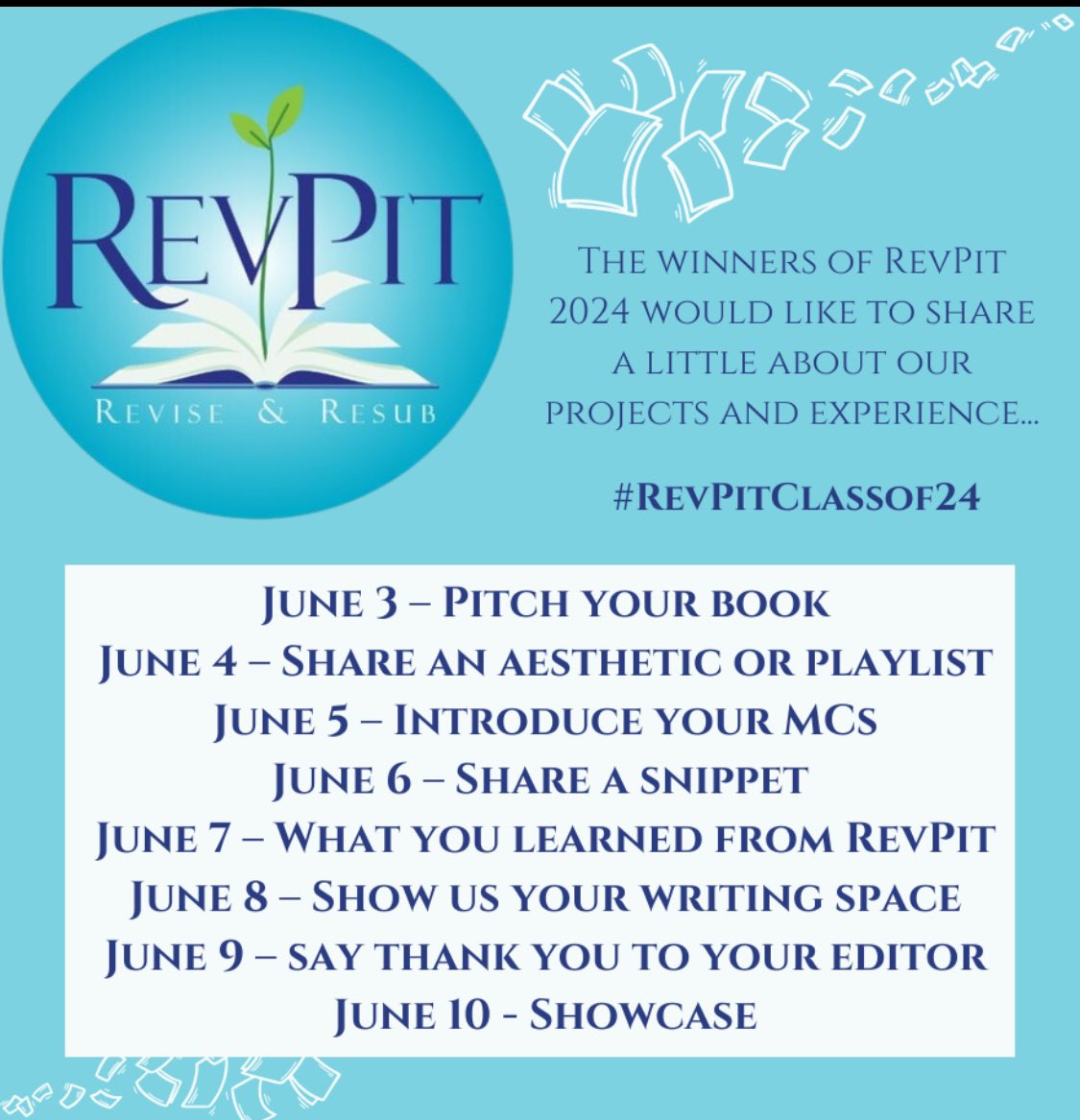 Day 6 of #revpitclassof24
A big shout out to my editor, Nicole Frail for her enthusiasm with my MS and her willingness and kindness to do another read through after the showcase!