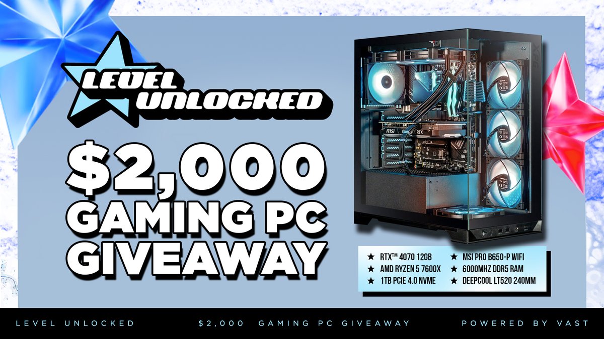 $2,000 RTX 4070 Gaming PC Giveaway!  

To enter, perform these tasks via the link below: 

🔁  Retweet + Like  

Enter here: vast.link/Level-Unlocked