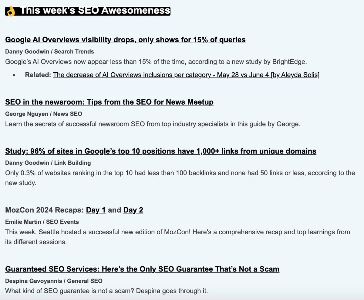 <a href="/geochingu/">George Nguyen</a> <a href="/searchliaison/">Google SearchLiaison</a> <a href="/edzitron/">Ed Zitron</a> <a href="/TomekRudzki/">Tomek Rudzki</a> <a href="/pelogia/">Gus Pelogia</a> <a href="/rustybrick/">Barry Schwartz</a> <a href="/azarchick/">Kristina Azarenko</a> <a href="/glenngabe/">Glenn Gabe</a> <a href="/darth_na/">Darth Autocrat (Lyndon NA)</a> <a href="/lilyraynyc/">Lily Ray 😏</a> <a href="/Marie_Haynes/">Marie Haynes</a> <a href="/RoxanaStingu/">Roxana Stingu</a> <a href="/facan/">Fabrice Canel</a> <a href="/thinking_slow/">Ryan Law</a> <a href="/SEOJoBlogs/">J Turnbull 🇺🇦</a> <a href="/Jammer_Volts/">Jamie Indigo 👾 100% Human Technical SEO</a> <a href="/BrockbankJames/">James Brockbank</a> <a href="/abbysuegleason/">Abby Gleason</a> <a href="/olgazarr/">Olga Zarr</a> <a href="/iPullRank/">Mic King</a> <a href="/yagmrsmsk/">Yagmur Simsek</a> <a href="/daver/">Dave Rohrer</a> <a href="/RyanJones/">Ryan Jones</a> <a href="/corinaburri/">Corina Burri</a> <a href="/garrettsussman/">Garrett Sussman</a> <a href="/jonoalderson/">Jono Alderson</a> <a href="/RossHudgens/">Ross Hudgens</a> <a href="/TaylorDanRW/">Dan Taylor</a> <a href="/NickLeRoy/">Nick LeRoy</a> <a href="/RyanJonesSEO/">Ryan Jones 🚀</a> <a href="/Aoifedublin/">Aoife McIlraith</a> <a href="/randfish/">Rand Fishkin (follow @randderuiter on Threads)</a> <a href="/thetafferboy/">Mark Williams-Cook</a> <a href="/richsangerSEO/">Rich Sanger SEO 🦙</a> <a href="/jessthebp/">Jess Peck</a> <a href="/ChrisSimmance/">Chris Simmance</a> <a href="/witczyk/">no name</a> A new edition of #SEOFOMO has just been sent to +33.7K SEOs with the latest about the Google Docs Leak, AI Overviews, Updates, News and more, featuring awesomeness from <a href="/MrDannyGoodwin/">Danny Goodwin</a> <a href="/geochingu/">George Nguyen</a> <a href="/seomeetsdesign/">Despina Gavoyannis</a> <a href="/emiliecgm/">Emilie Martin (she/her)</a> and more! Check your email or subscribe now: