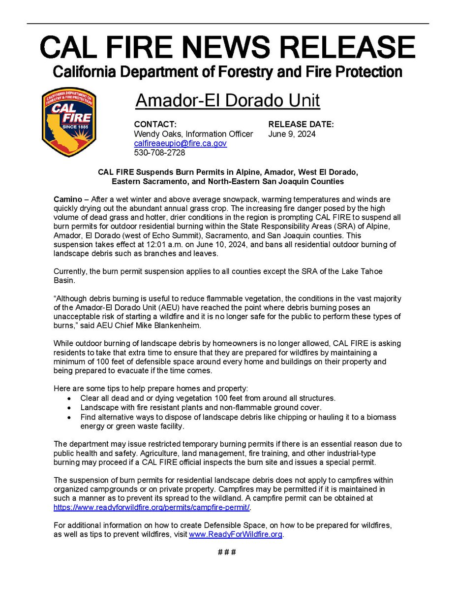 CALFIREAEU's tweet photo. CAL FIRE AEU suspends burn permits in Alpine, Amador, West El Dorado, Eastern Sacramento, and North-Eastern San Joaquin counties. Currently, the burn permit suspension applies to all counties except the SRA of the Lake Tahoe Basin. Full details at: https://t.co/K7zo2PhESz https://t.co/ereD2eTQuq