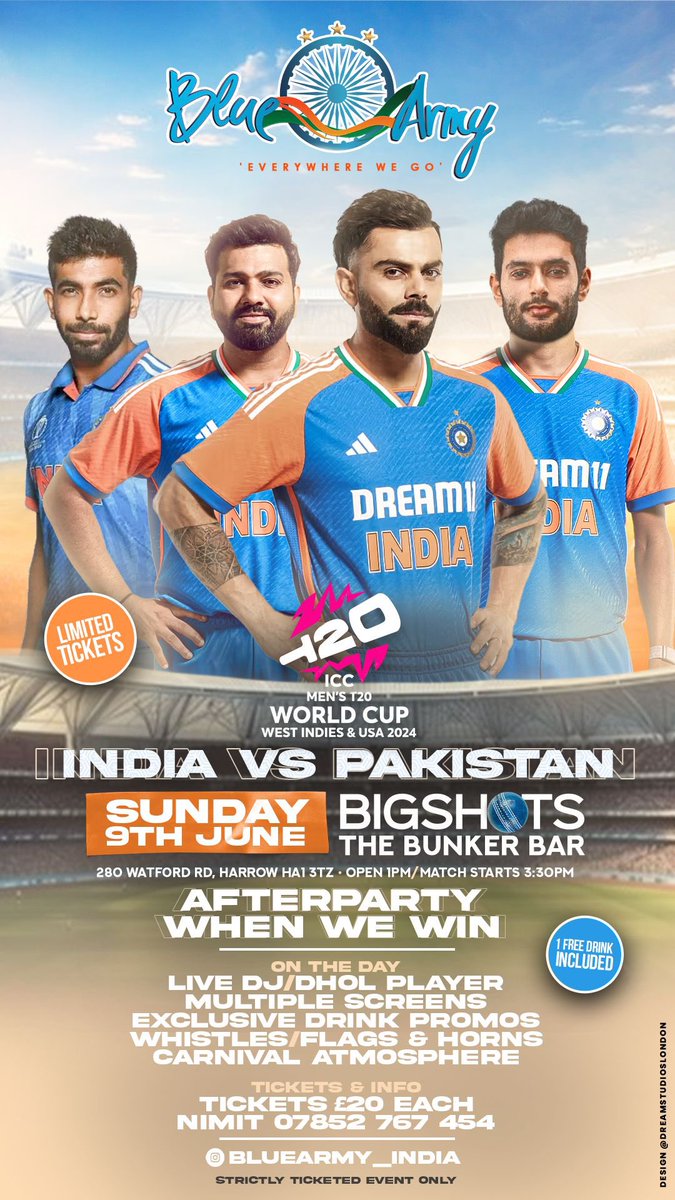 🎨 T20 artwork created for @bluearmy_india who have put together this epic event for the upcoming Indian 🇮🇳 vs Pakistan 🇵🇰 clash! 

📺 Catch the action live at @bigshotegolfuk 

#Cricket #IndVsPak #T20 #BlueArmy #CricketFans #LiveEvent #BigShotsGolf  #DreamStudiosLondon