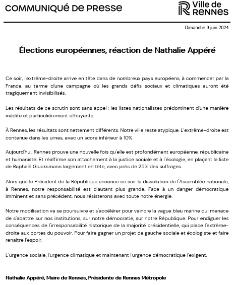 nathalieappere's tweet photo. Ce soir, #Rennes reste atypique. Nous résistons : l'extrême-droite fait moins de 10%. Notre ville prouve qu'elle est profondément européenne, républicaine et humaniste.

Notre mobilisation collective va se poursuivre pour vaincre la vague bleu marine qui menace notre démocratie. https://t.co/tk4RzLmA9C