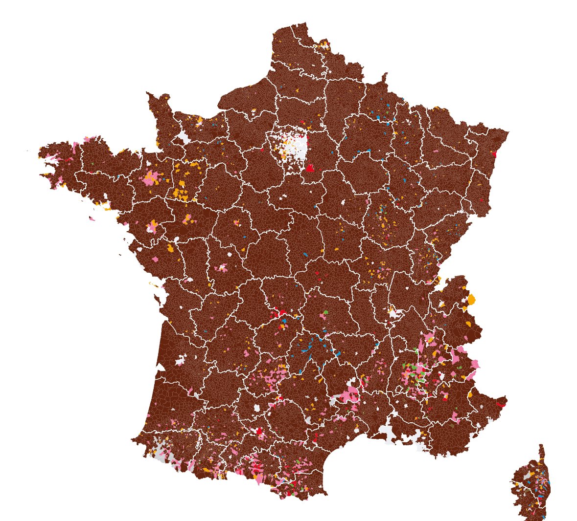 DavidAvromBell's tweet photo. Map of the European election results in France. The extreme right, appropriately, is brown. Ugh. https://t.co/oHpvPWE0O9