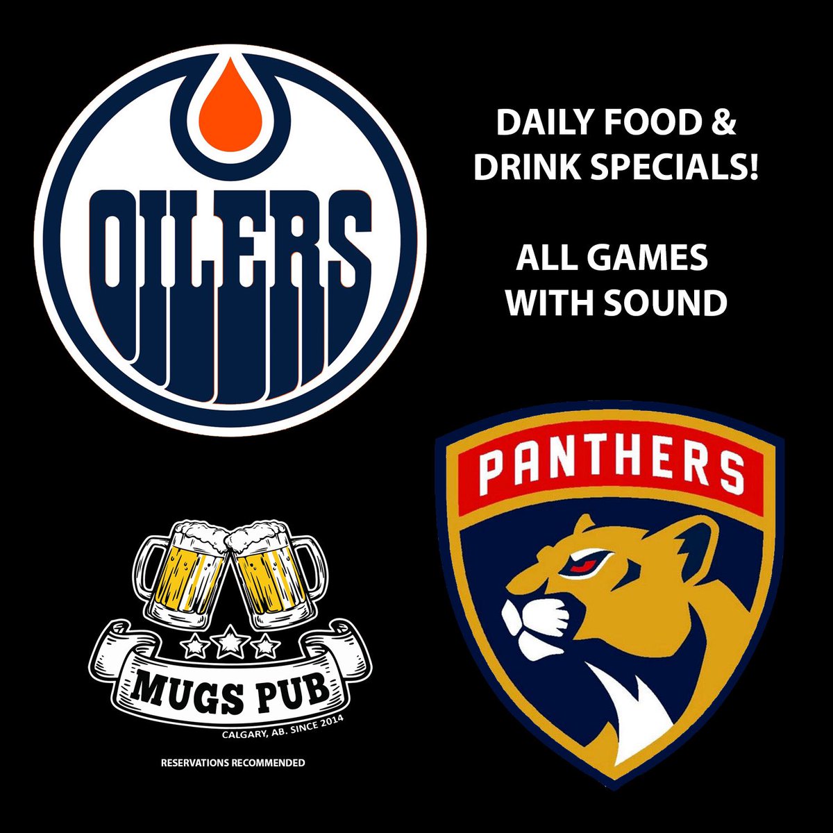 MugsPubCalgary's tweet photo. Tomorrow at Mugs! Oilers vs Panthers game 2 at 6pm! Then our Monday Jam right after!
Monday Specials:
-$6 PBR Tall cans & Draft!
-$2 Off Sandwich’s!
-$12 Footlong Hotdogs!
Happy Hour 4-7!
#yyc #yycpubs #yycbeer #yyceats #goilers💙🧡 #yychappyhour #yycmusic #yycmusicscene https://t.co/qERshwv5TF