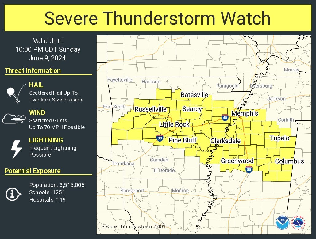 LimWeather's tweet photo. #SevereThunderstormWatch in C #Arkansas,SW #Tennessee,N #Mississippi esp #LittleRock,#northLittleRock,#Conway,#Searcy,#PineBluff,#WestMemphis,#Memphis,#Bartlett,#Collierville,#Southaven,#TupeloMS,#ColumbusMS
#Wxtwitter #SevereWx #Wind #Hail #SPC #Wxx #ARwx #DixieAlley #TNwx #MSwx https://t.co/zqTOKcybWp