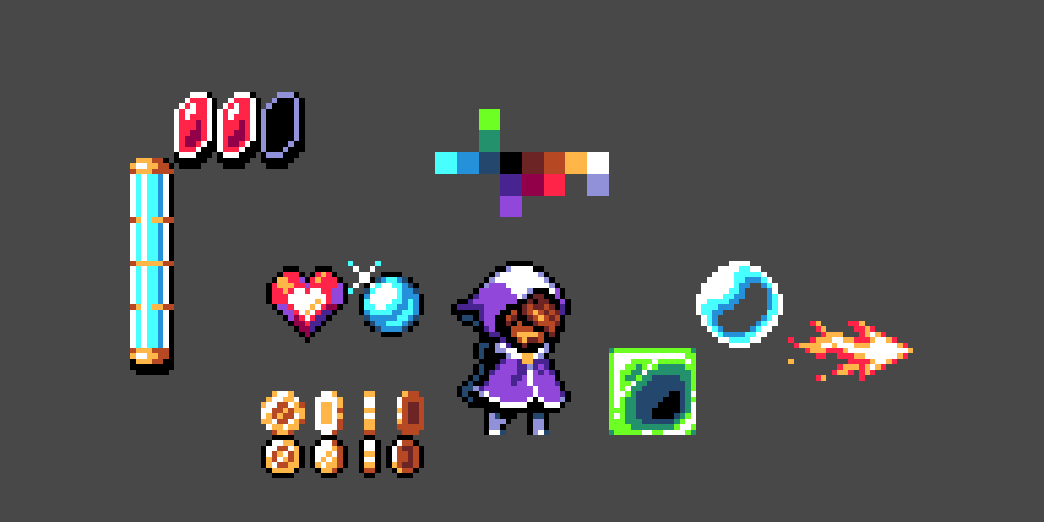 One of my goals with this was to make sure everything related to Zoe and stuff like the HUD would fit in one palette of 16 colours. This ended up being my best try even if I think the lightning bolt magic could use a brighter yellow.