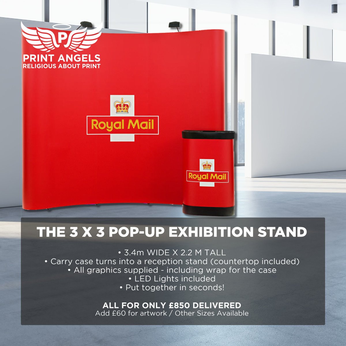 Requiring no tools, our easy-assembly pop-up display stands require minimal setup time, allowing more freedom to market services and secure sales. Not to mention, pop-up stands are a cost-effective way to advertise your brand.  
• 3.4m WIDE X 2.2 M TALL
• Carry case turns into