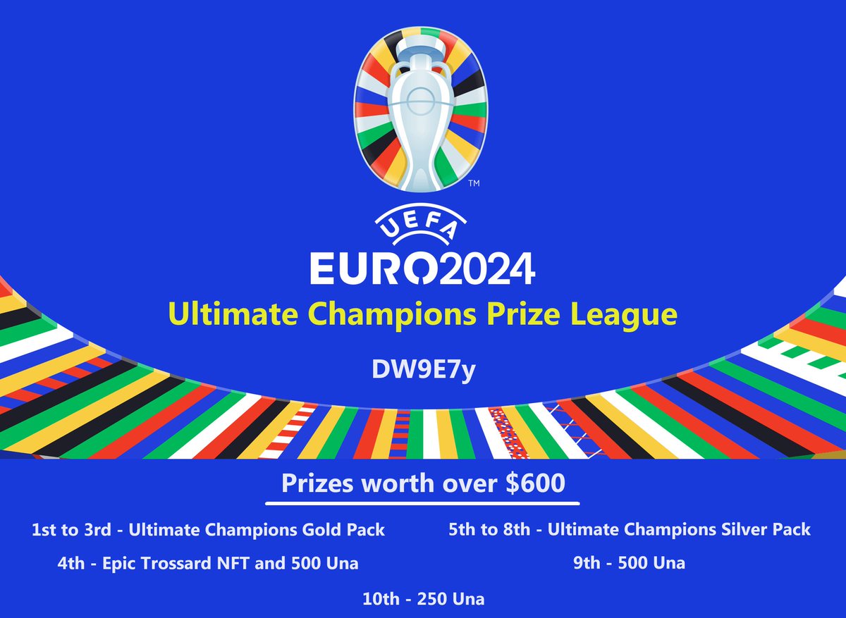 ⚽️ Euro 2024 Official Fantasy Prize League ⚽️

Free to enter - Total prizes worth over $600.

To enter:

⚽️ Join the Ultimate Champions Euro 2024 Official Fantasy League using either the link or code below.
⚽️ Follow me and @Ultichamps - 
⚽️ Like and Retweet 
⚽️ Respond with your