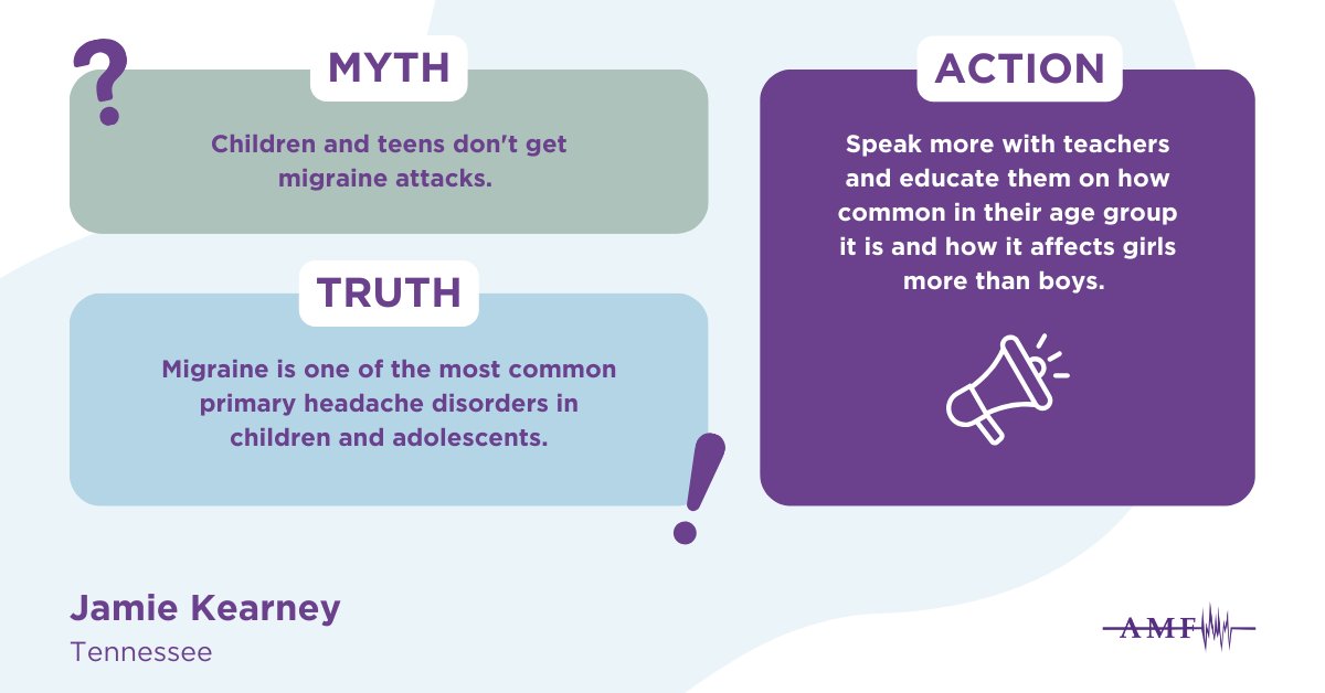 amfmigraine's tweet image. Jamie wants teachers and educators to know that kids and teens have #migraine too. She is going to debunk this myth during #MHAM by educating teachers. Thank you Jamie for spreading the truth!

#MythvsTruth #MythVsFact