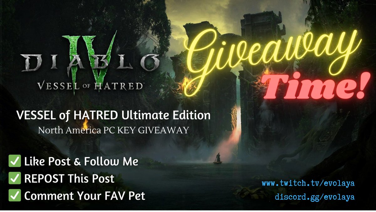 🎁#DiabloIV #VesselOfHatred Ultimate Edition PC Key Giveaway!

🔴 Join my discord for ADDITIONAL D4 Expansion Giveaways Each Month Until Release discord.gg/evolaya

How to Enter
✅ REPOST This Giveaway ⬅️
✅ Like This Post &amp; Follow Me ⬅️
✅ Comment Below with what you are
