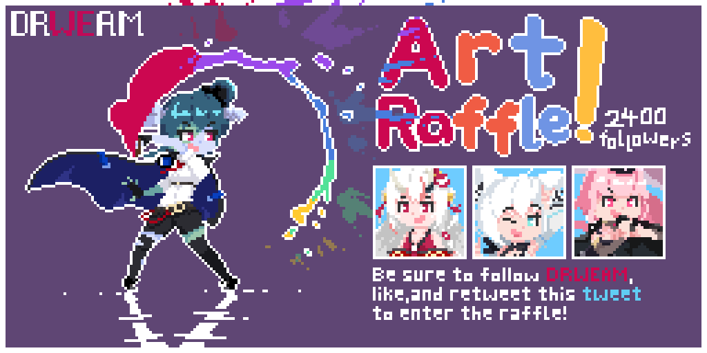 I'm running an ART RAFFLE for reaching 2400 followers on Twitter! To enter, simply follow me, then like and retweet this tweet.

I'll pick 2 random winners on 20th June.
Winners get a free pixel art commission from me.
Be sure to keep your DMs open!

#artraffle #pixelart