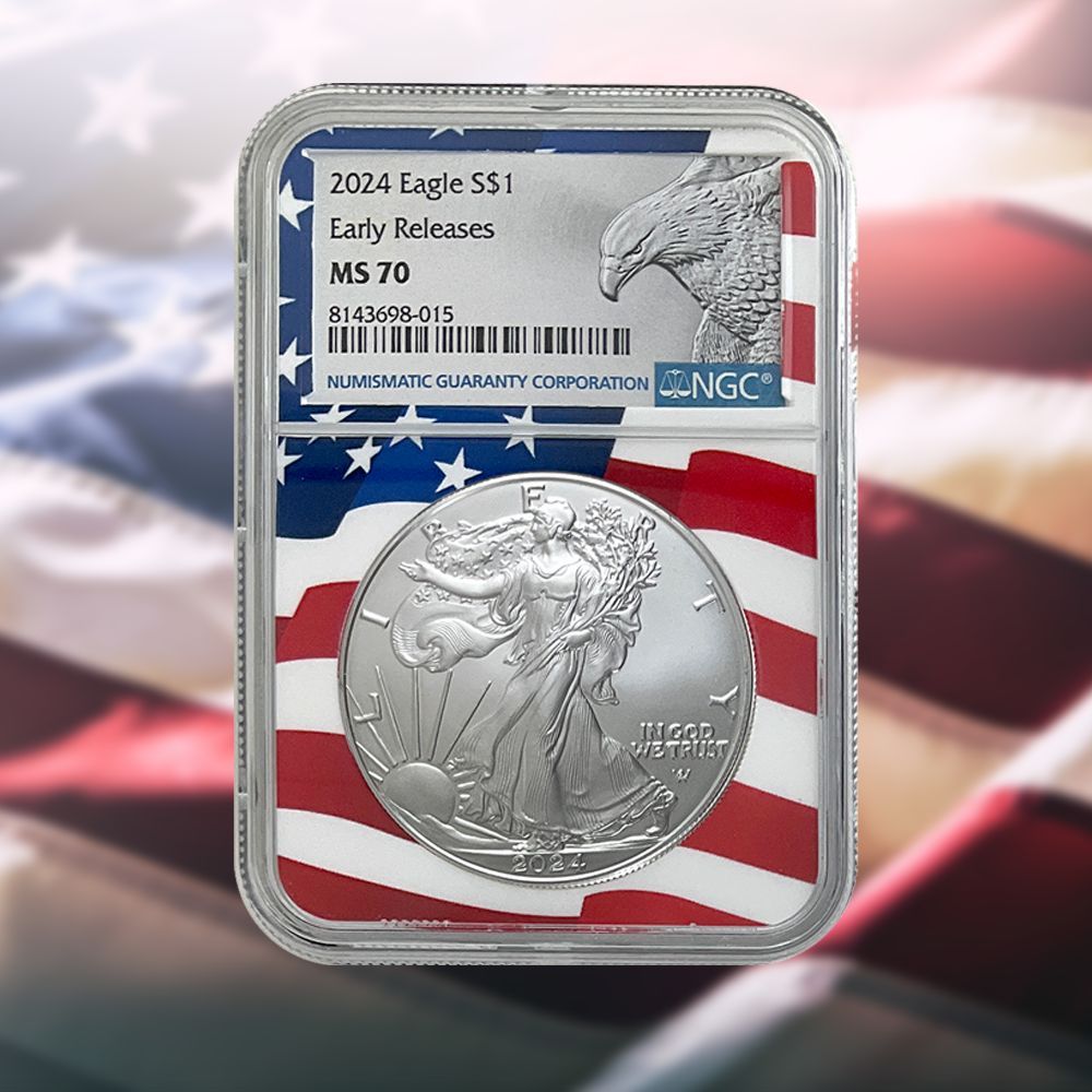 TheCSNMint's tweet image. "Flag Day is coming up! Celebrate with a special edition 2024 MS70 Silver American Eagle certified by @NGCcoins with their custom Flag Core. Available now at CSNmint.com/X #FlagDay #USCoins #ProofSet"
